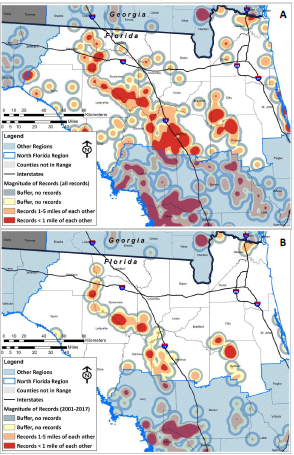 Historical and current distribution of eastern indigo snake across the North Florida region.